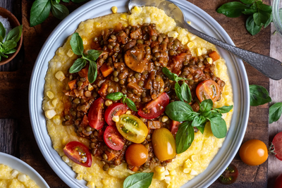 Lentil & TVP Ragu with Sweet Corn Polenta