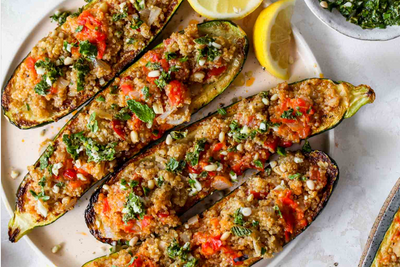 Zucchini Boats with veg & Red Quinioa